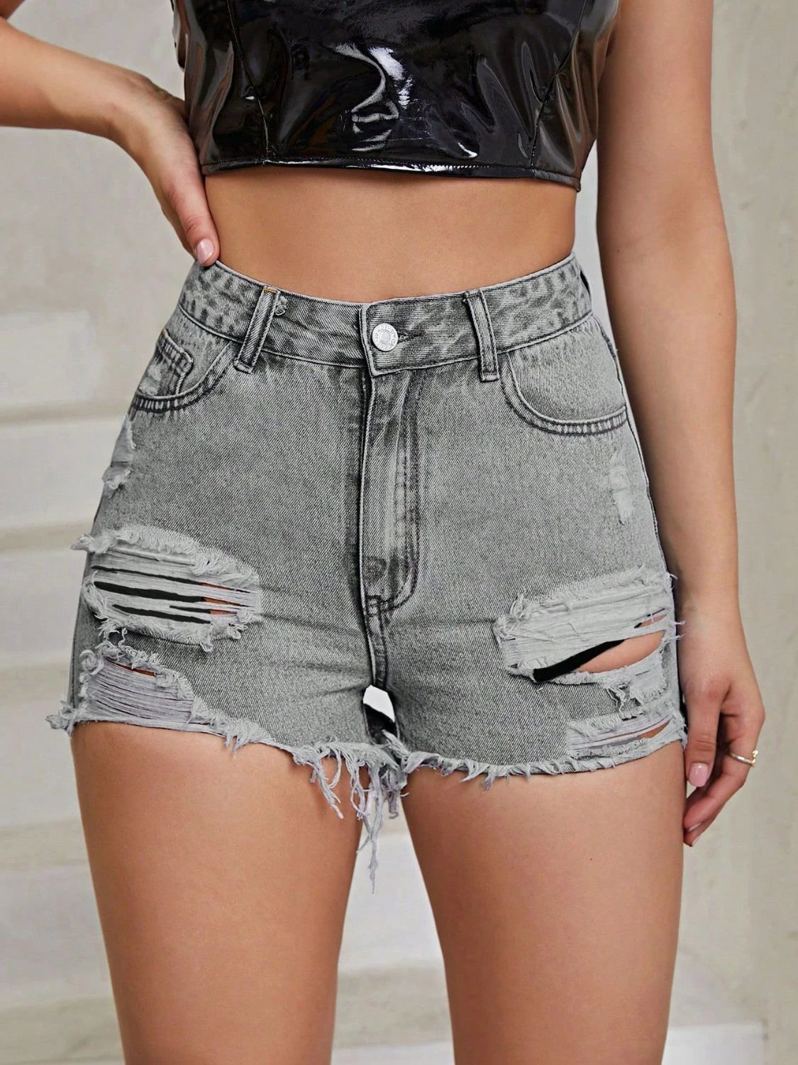 Distressed Raw Hem High Rise Denim Shorts by Lady Ros