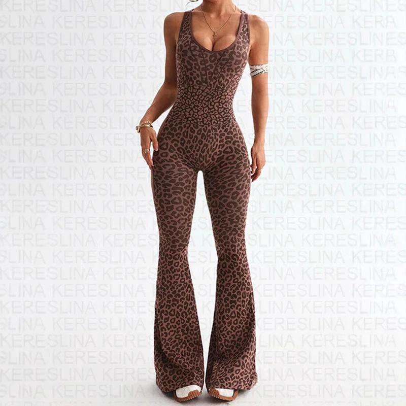 Leopard Print Printed V-neck Backless Slim Fit Halter Jumpsuit by GJG Denim