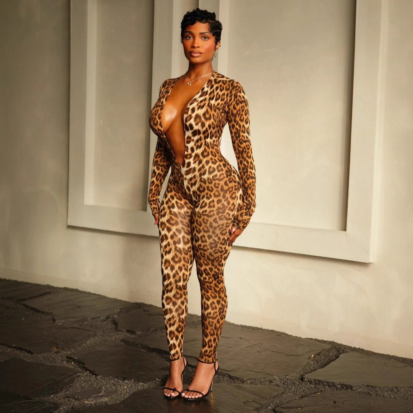 Womens Fashion Long Sleeve Leopard Print Jumpsuit by GJG Denim