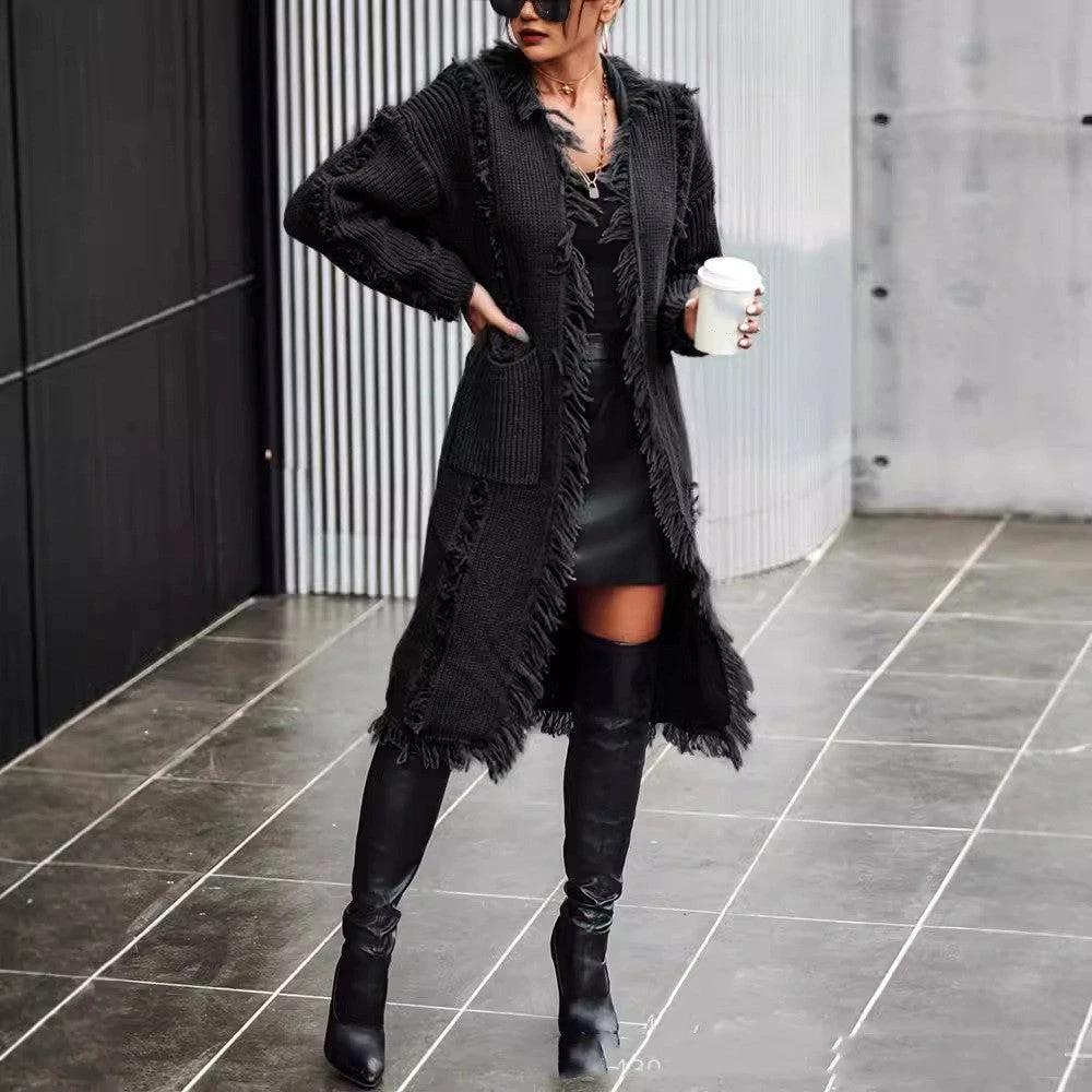 Lapel Tassel Long Knitted Coat by GJG Denim
