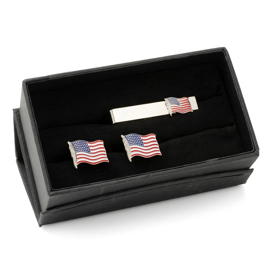 American Waving Flag Cufflinks and Tie Bar Gift Set by Cufflinks.com