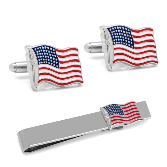 American Waving Flag Cufflinks and Tie Bar Gift Set by Cufflinks.com