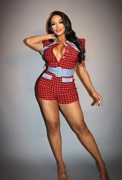Plaid Print Denim Romper by VYSN