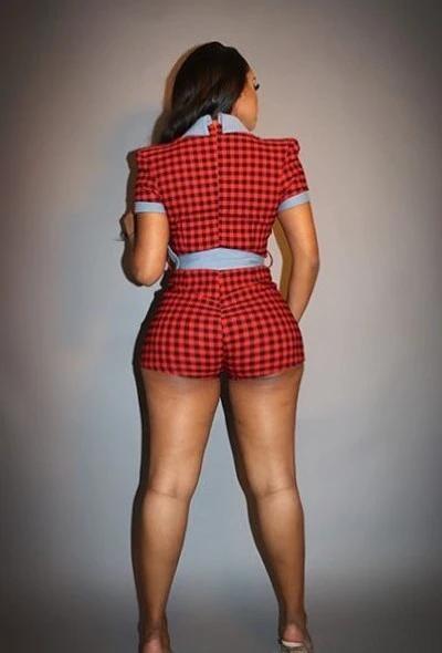 Plaid Print Denim Romper by VYSN