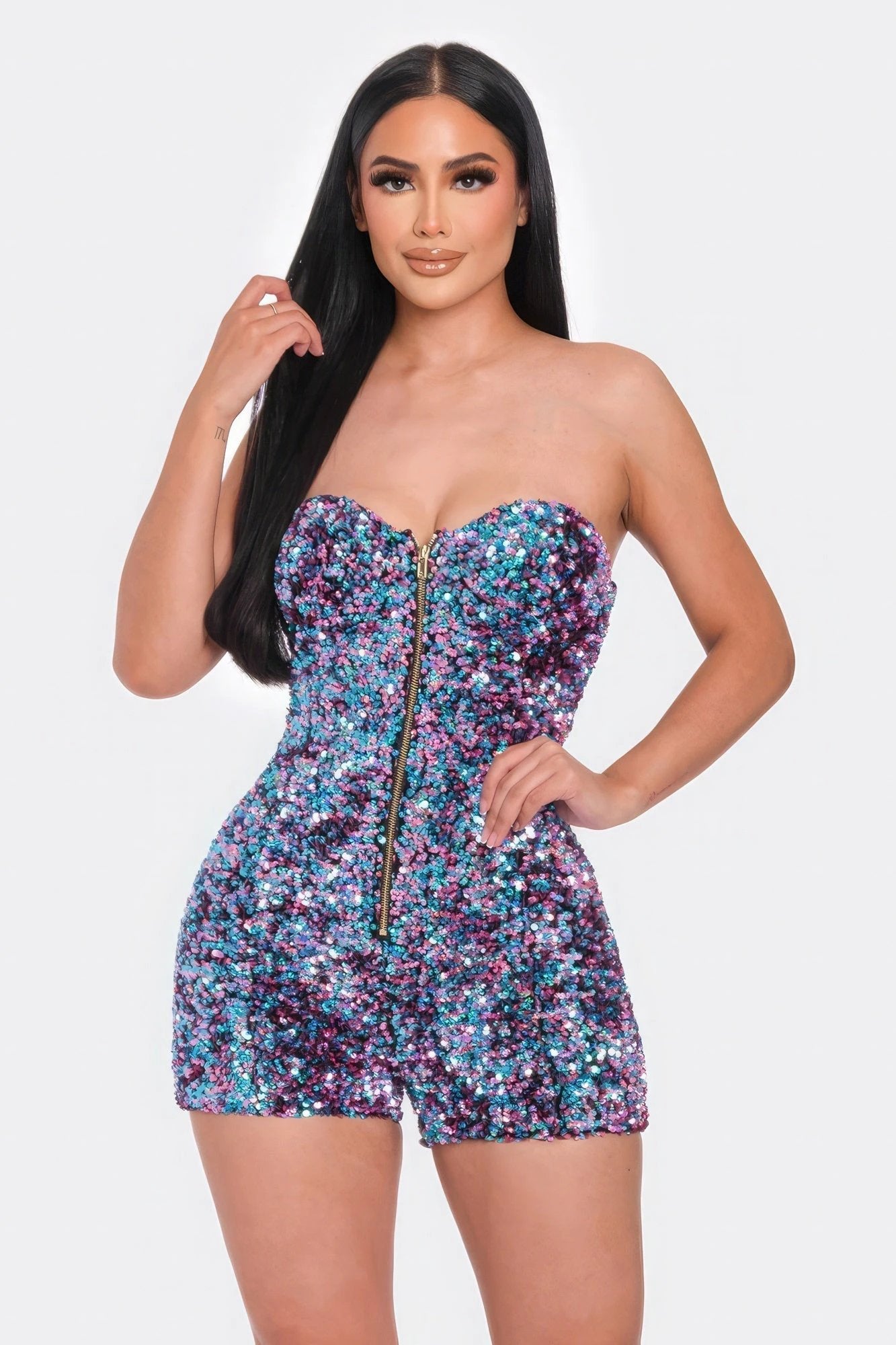 Multi Sequins Tube Top Romper by VYSN