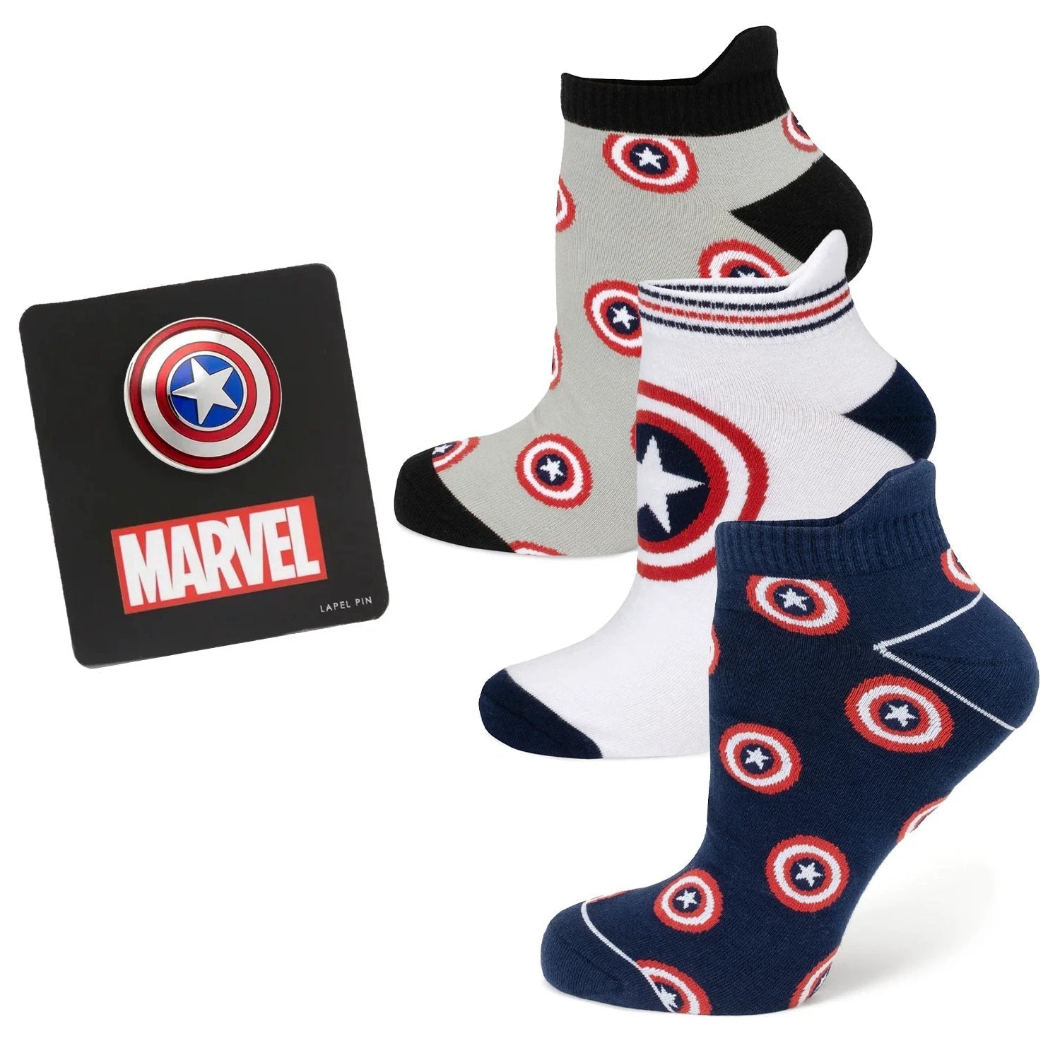 Marvel Captain America Ankle Socks 3-Pack and Lapel Pin Gift Set by Cufflinks.com