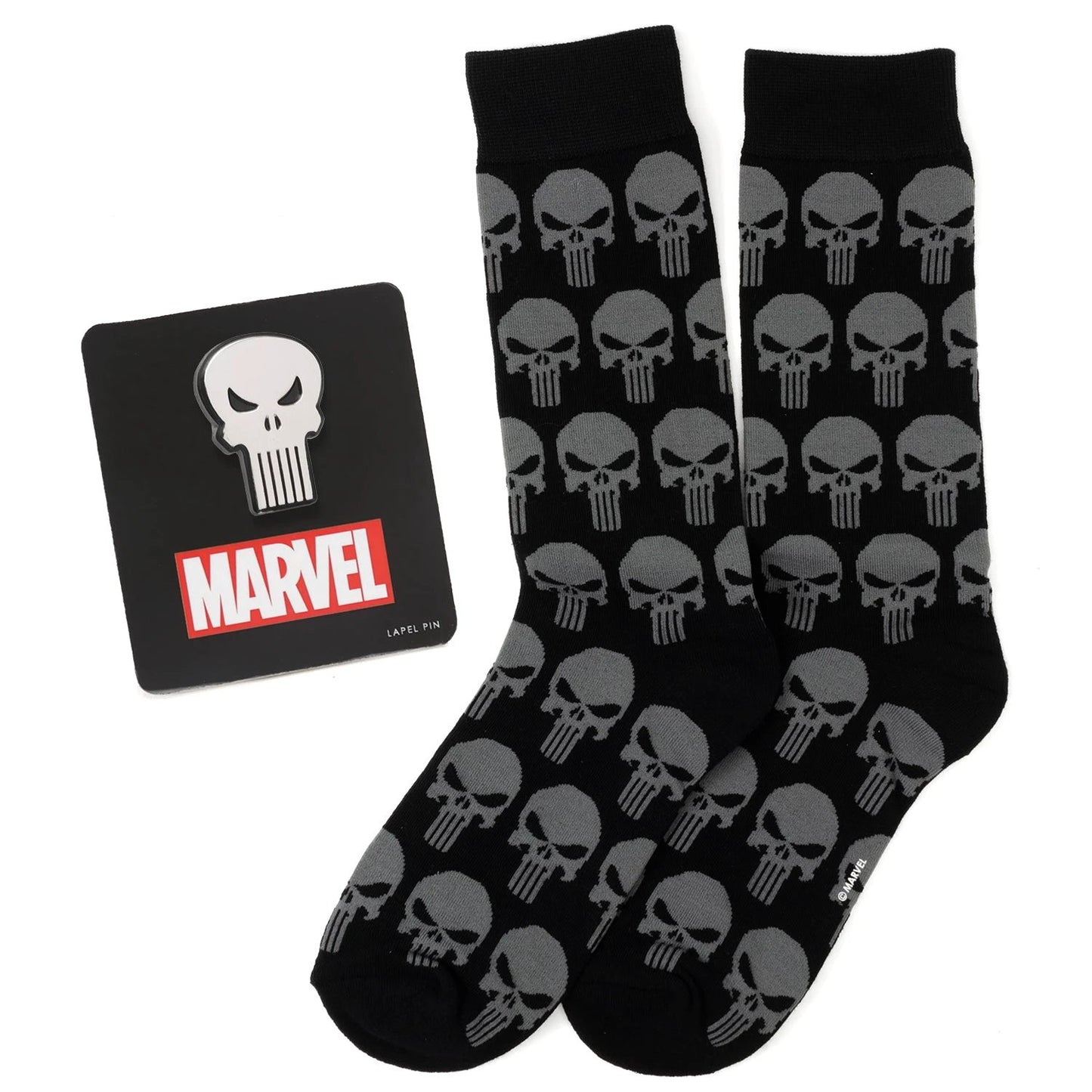Marvel Punisher Black Socks and Silver Lapel Pin Gift Set by Cufflinks.com