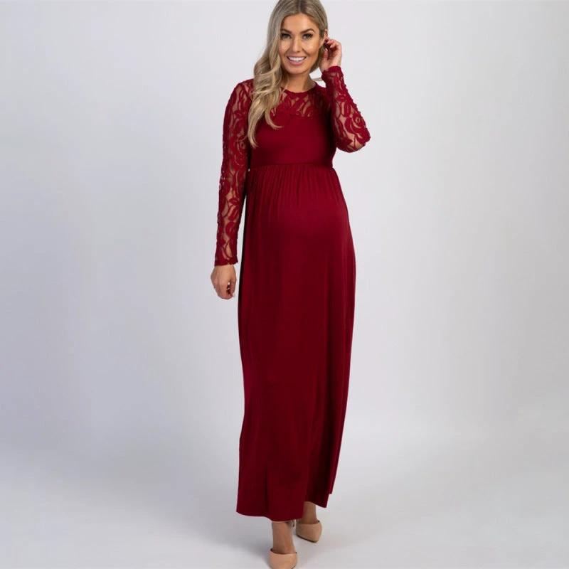 Maternity Lace Dress - Long Sleeve Round Neck Solid Color by Lady Ros