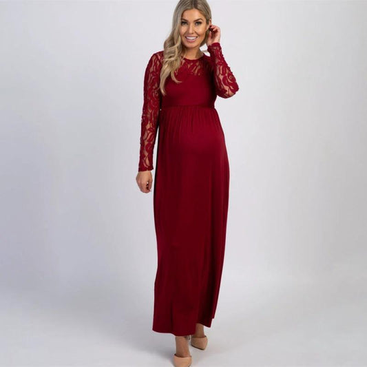 Maternity Lace Dress - Long Sleeve Round Neck Solid Color by Lady Ros