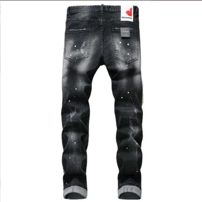 Men's Black And Gray Paint Hole Zipper Decorations Jeans by GJG Denim