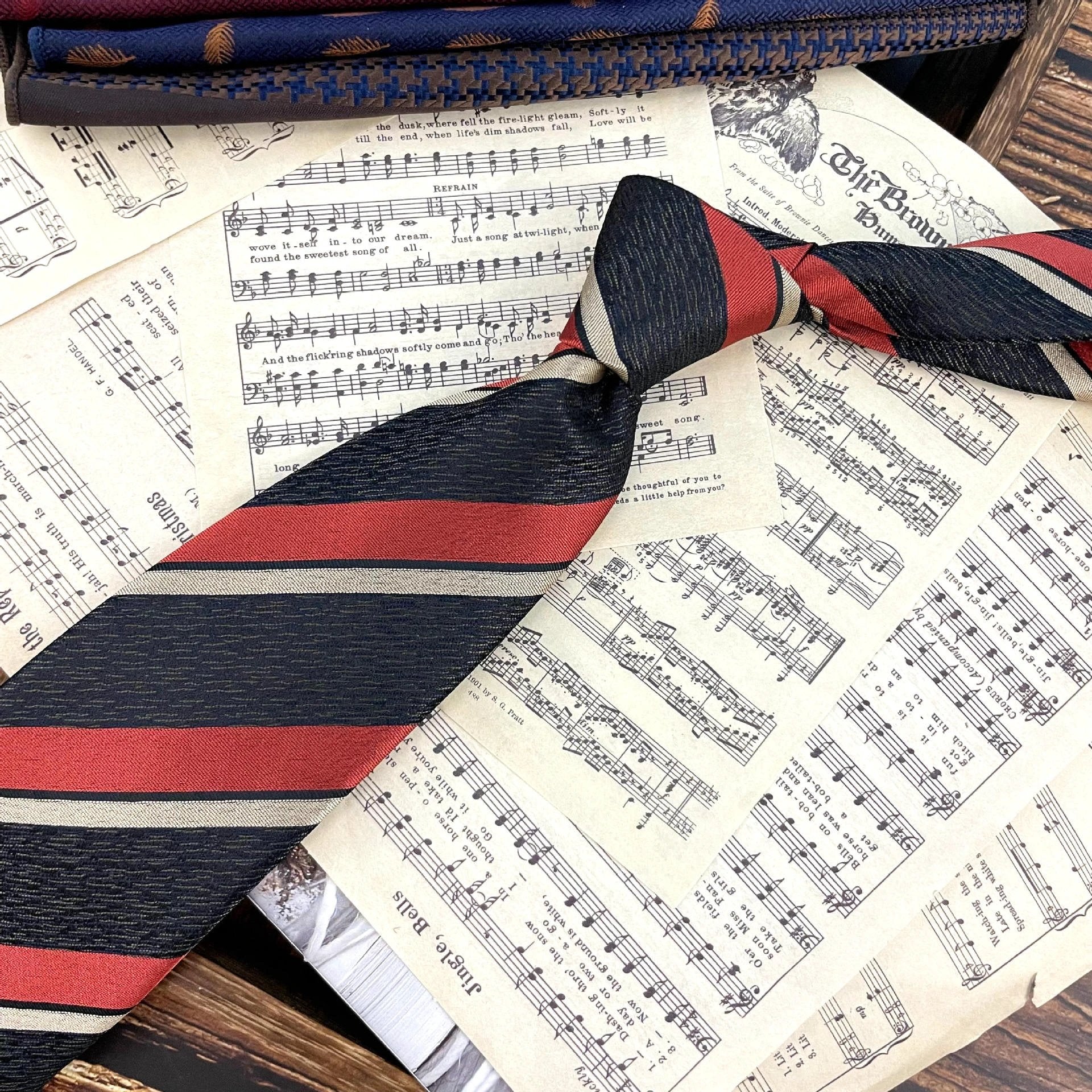 Men's Ties Retro Coffee Color Orange Red Striped Tie Hand Hit 8CM by GJG Denim