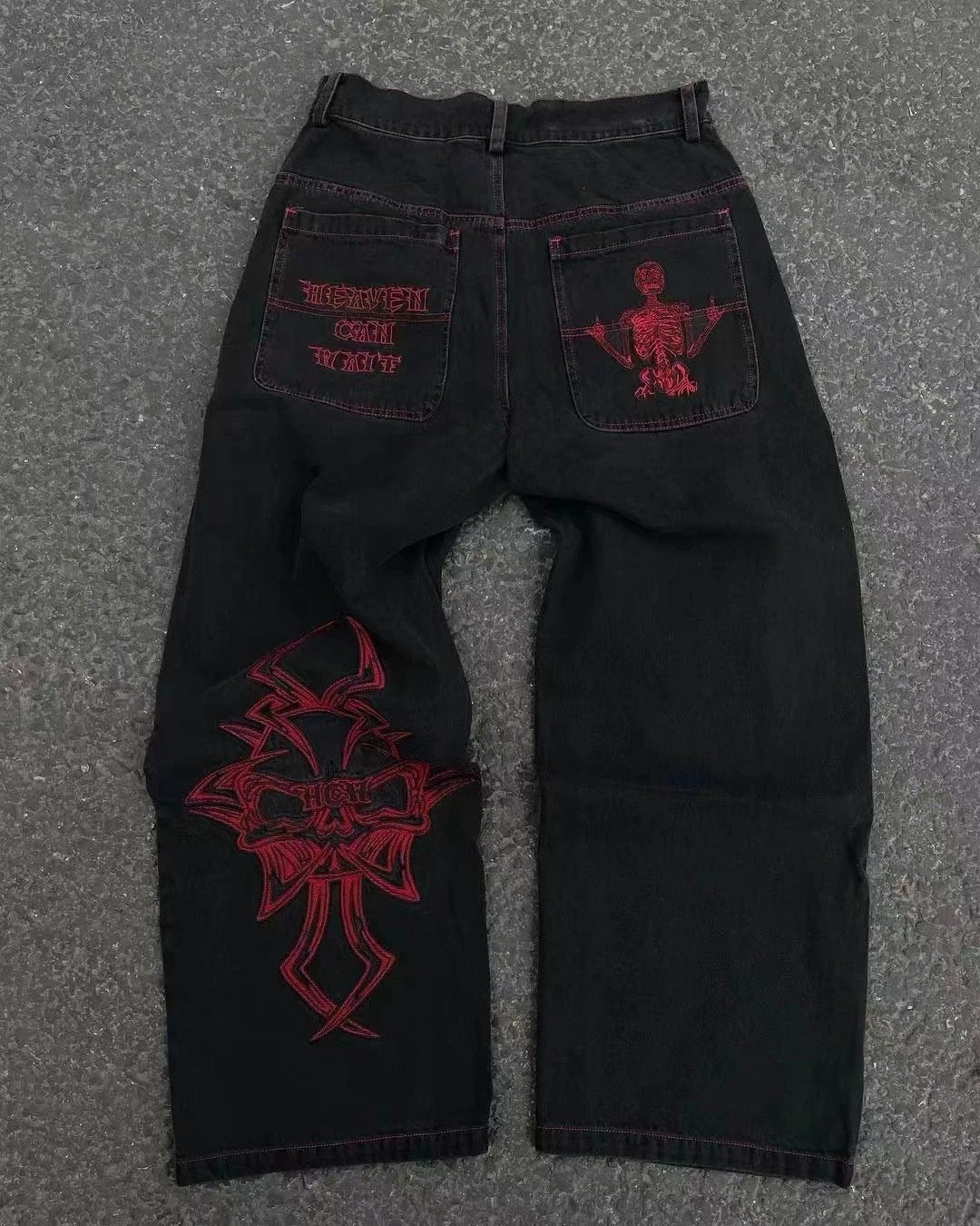 Embroidered Skull Cotton Casual Pants Men's Straight-leg Pants by GJG Denim