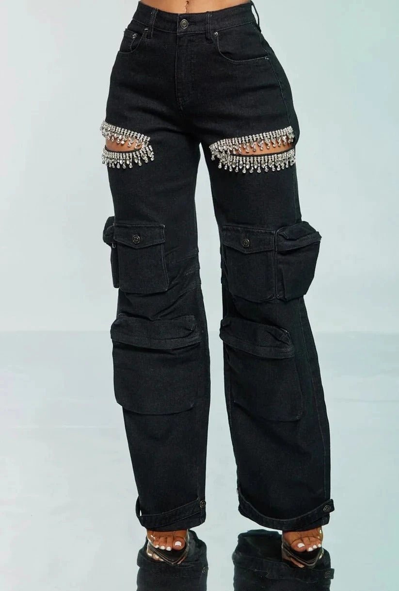 Thigh Hollow-out Rhinestone Decorations Cargo Multi-pocket Stretch Jeans by GJG Denim