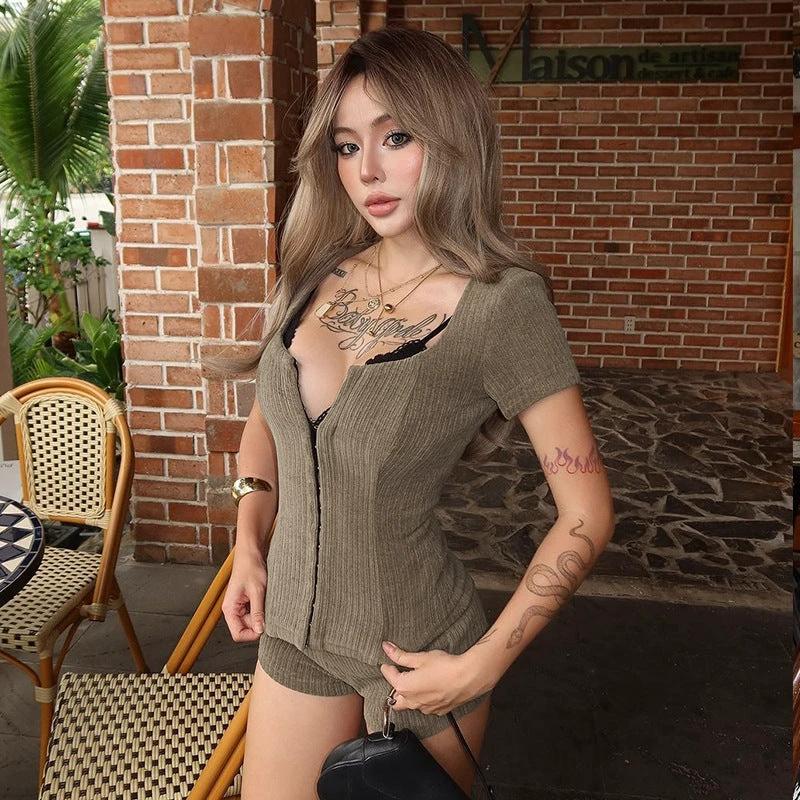 Ribbed Slim-fit Mid-sleeve Solid Color Top Shorts Ladies Two-piece Set by GJG Denim