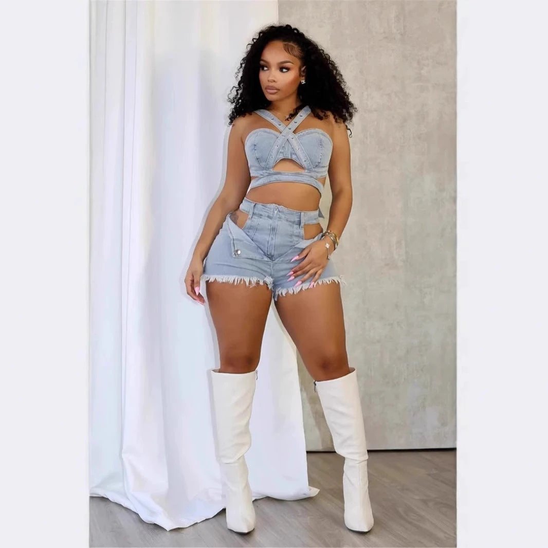 Washed Elastic Denim Casual Vest Shorts Set by GJG Denim