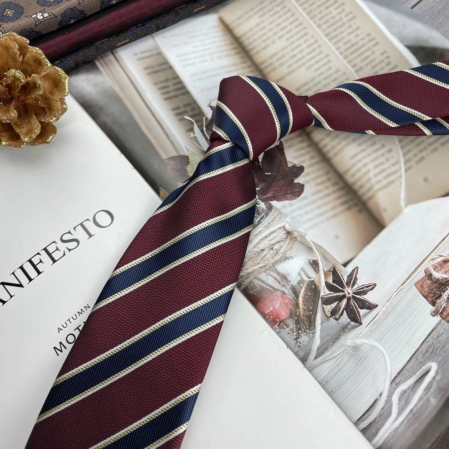 Men's Ties Retro Coffee Color Orange Red Striped Tie Hand Hit 8CM by GJG Denim