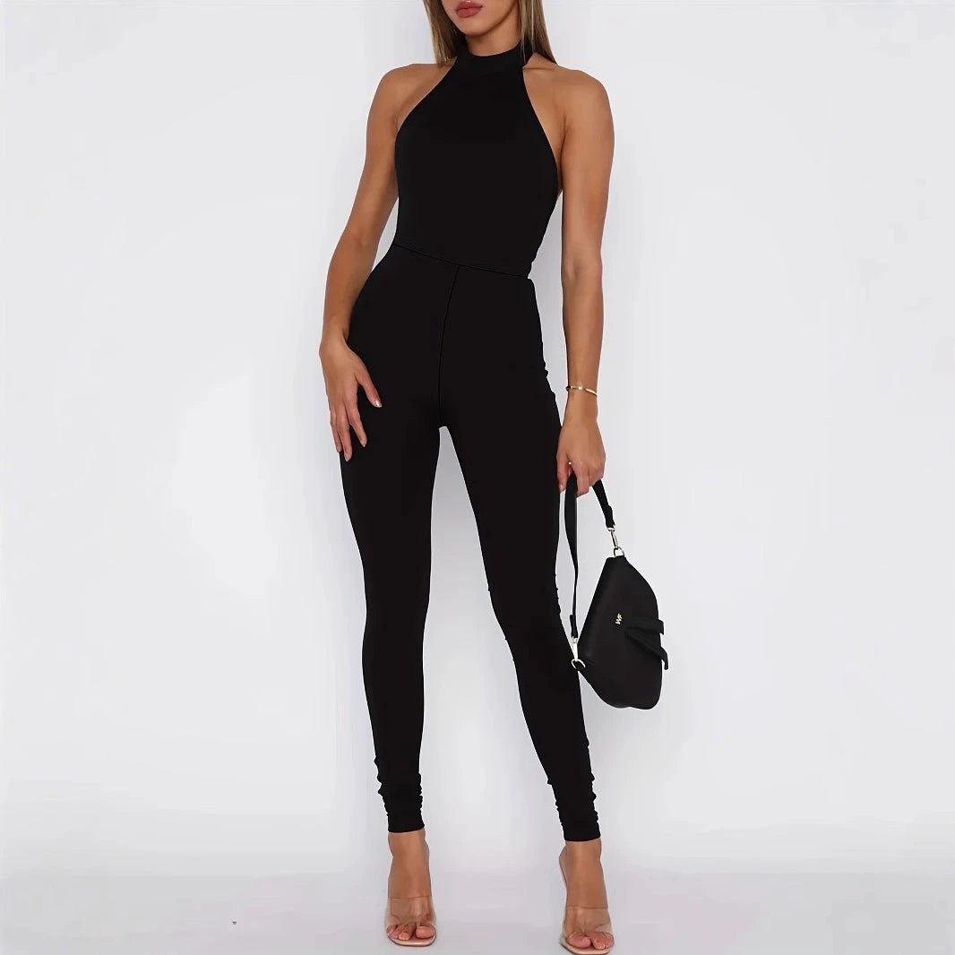 Women's Pure Color Halter Backless Sexy Slim-fit Jumpsuit Trousers by GJG Denim