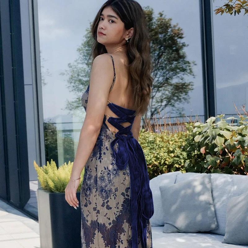 Fashion Dyed Printing Stitching Hollow Back Strap Elegant Style Long Dress Women by GJG Denim