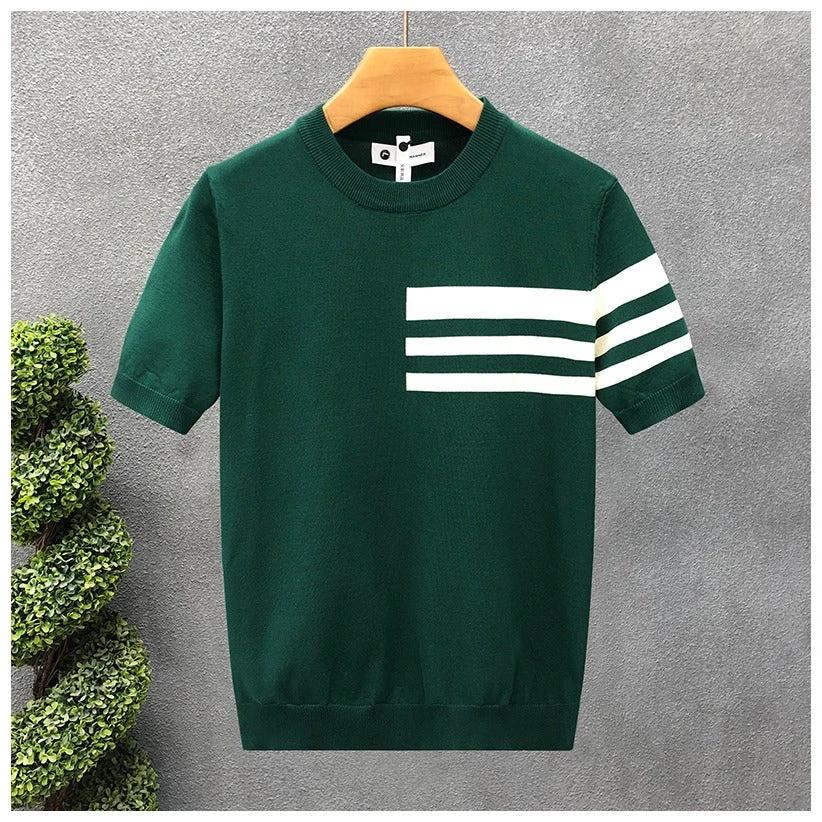 Trendy All-match Round Neck Knitted Short Sleeve Contrast Color Thin T-shirt by GJG Denim
