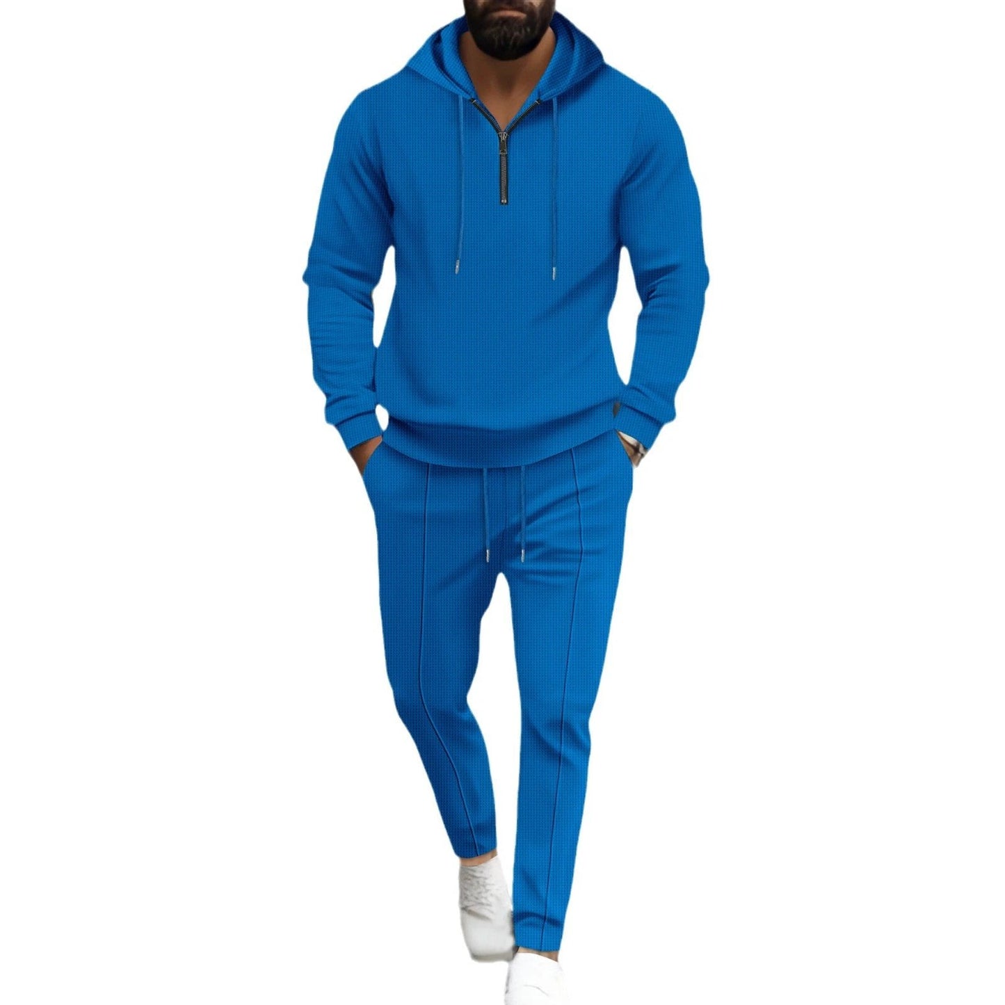 Waffle Hooded Small Zipper Casual Long Sleeve Pants Two-piece Suit by GJG Denim