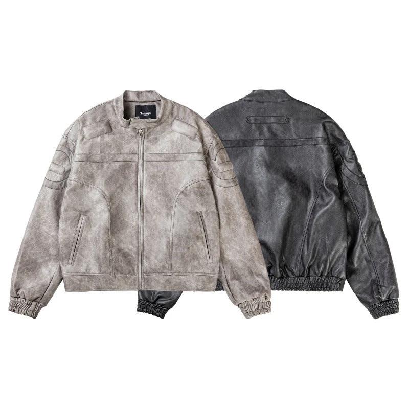 Marbling PU Leather Jacket Stand Collar Motorcycle Jacket by GJG Denim
