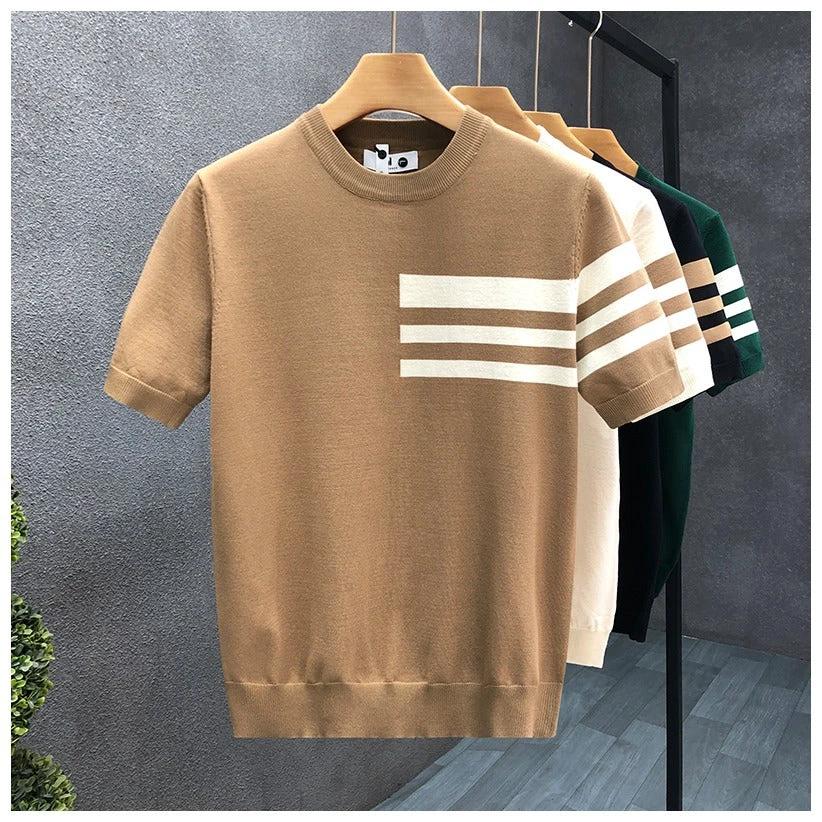 Trendy All-match Round Neck Knitted Short Sleeve Contrast Color Thin T-shirt by GJG Denim