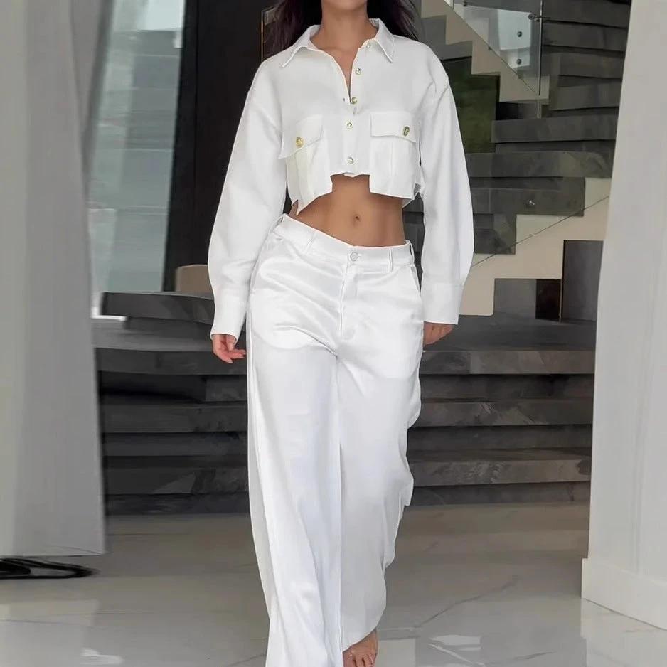 Midriff Outfit Long Sleeve Top Wide Leg Trousers by GJG Denim