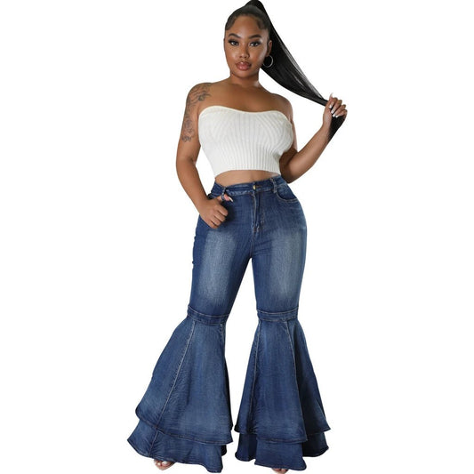 Wide Leg Denim Stretch Flared Pants by GJG Denim