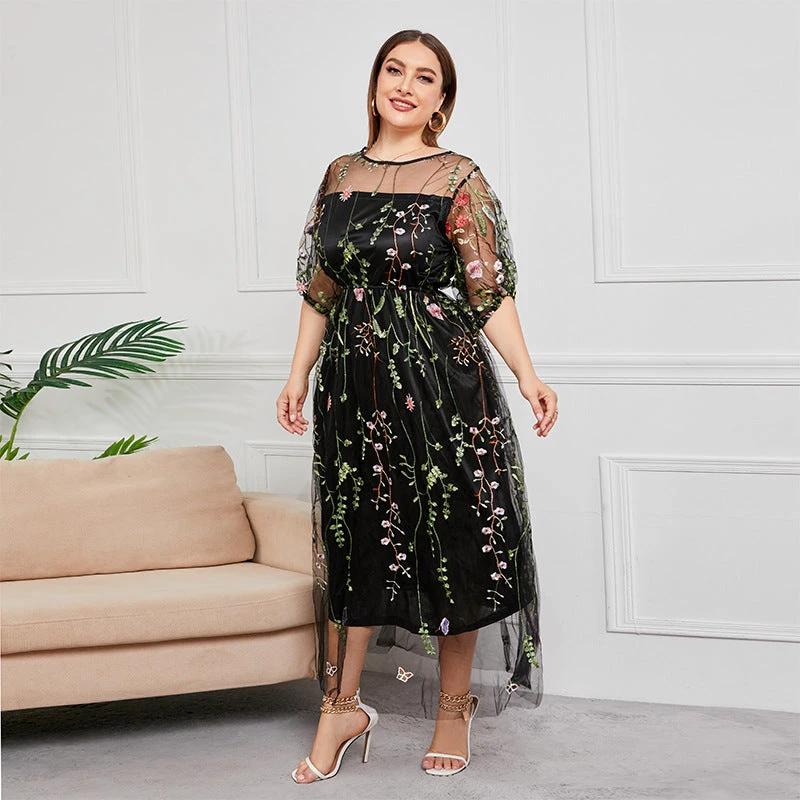 Plus Size French Hepburn Dress Women Mesh Embroidered Banquet Party Maxi Dress by Lady Ros