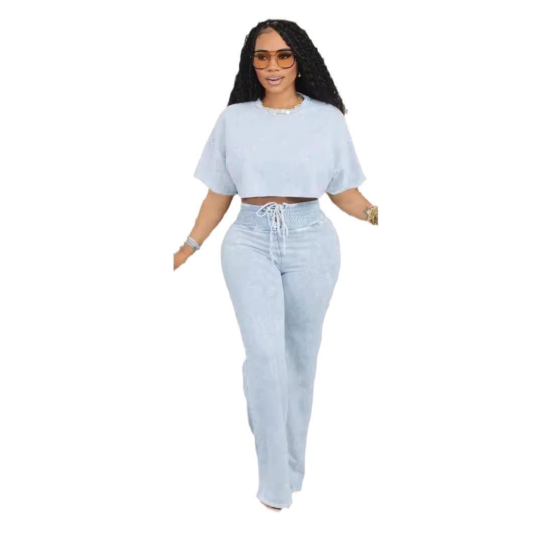 Leisure Commuter Daily Tie-dyed Short Women's Round Neck Top Lace-up Two-piece Pants by GJG Denim