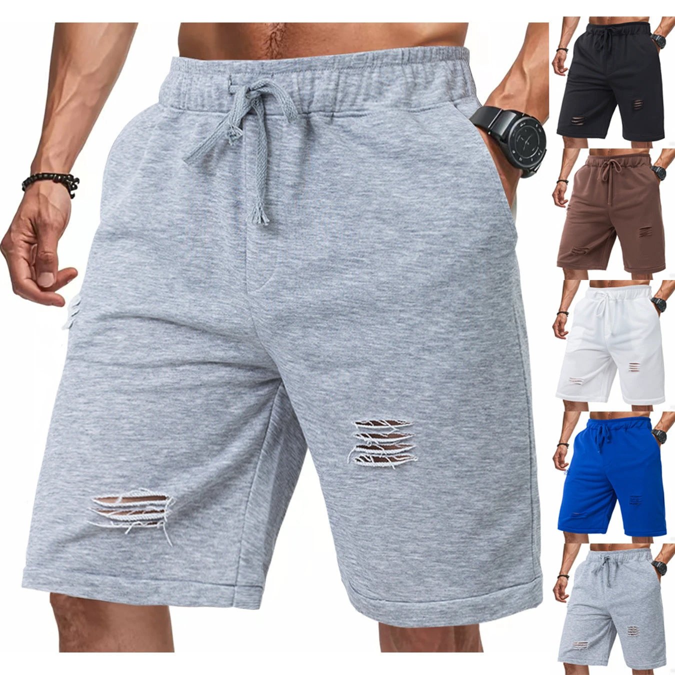 Ripped Casual Knitted Loose Fifth Solid Color Terry Sports Pants by GJG Denim