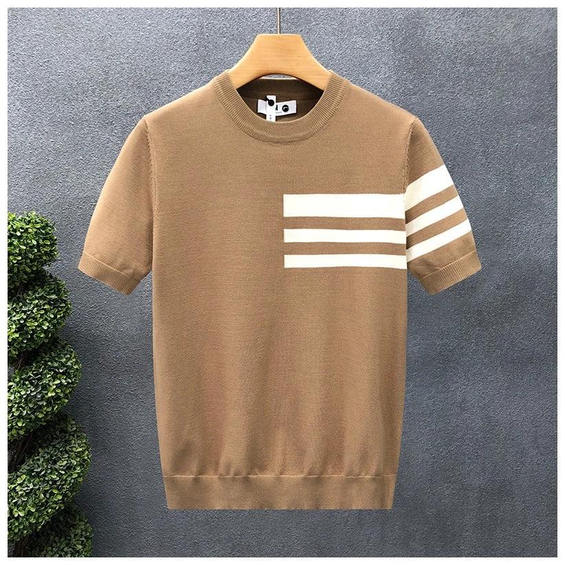 Trendy All-match Round Neck Knitted Short Sleeve Contrast Color Thin T-shirt by GJG Denim
