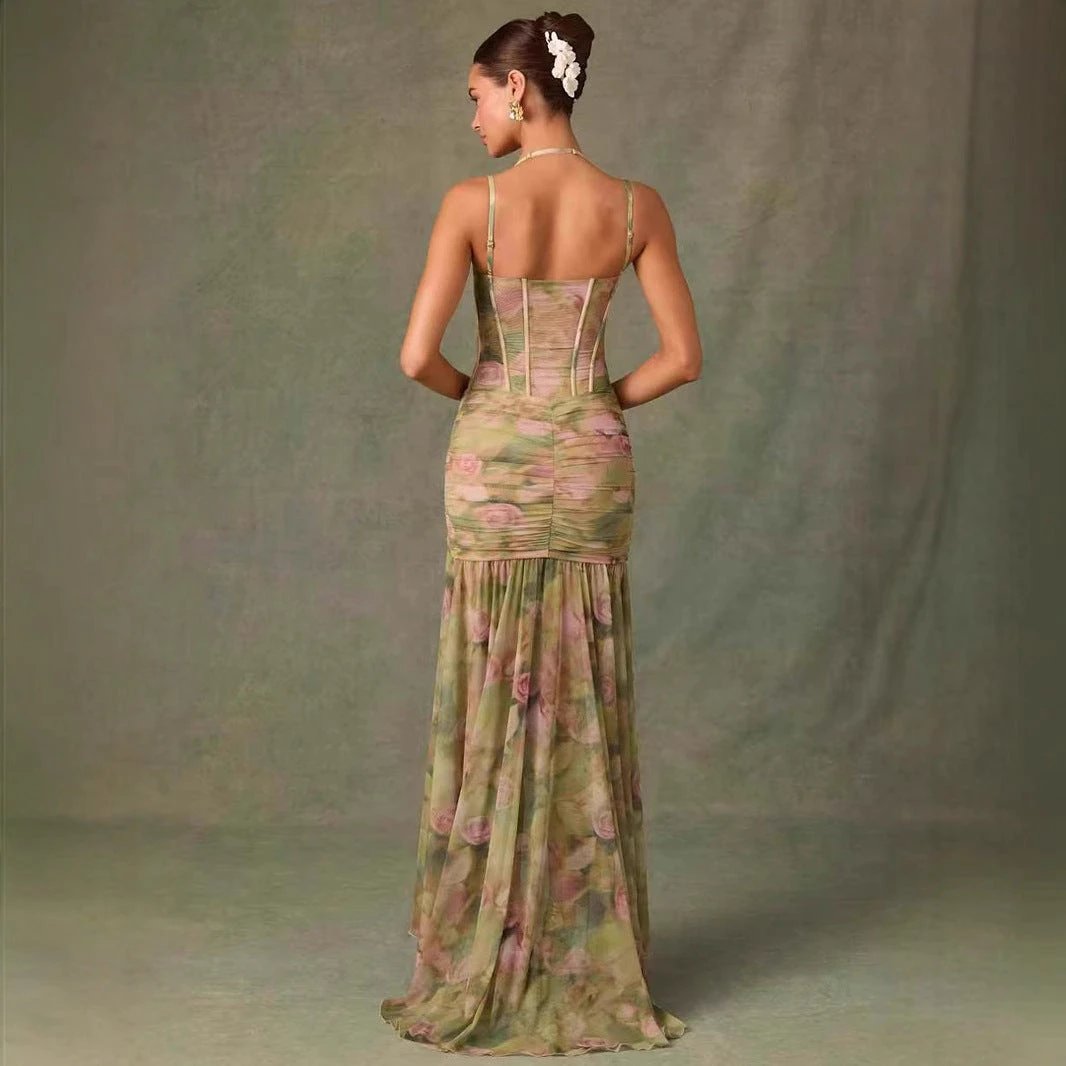 Sling Pleated Print Fishbone Waist Split Sheath Fishtail Fairy Dress by GJG Denim