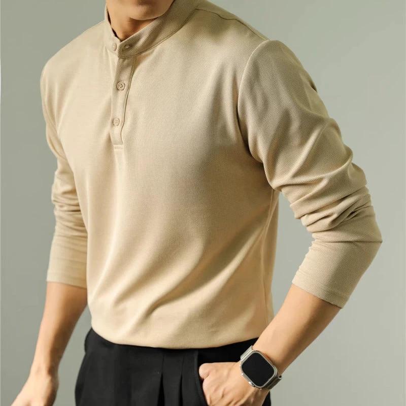 Men's Long Sleeve Polo Simple Solid Color Shirt by GJG Denim