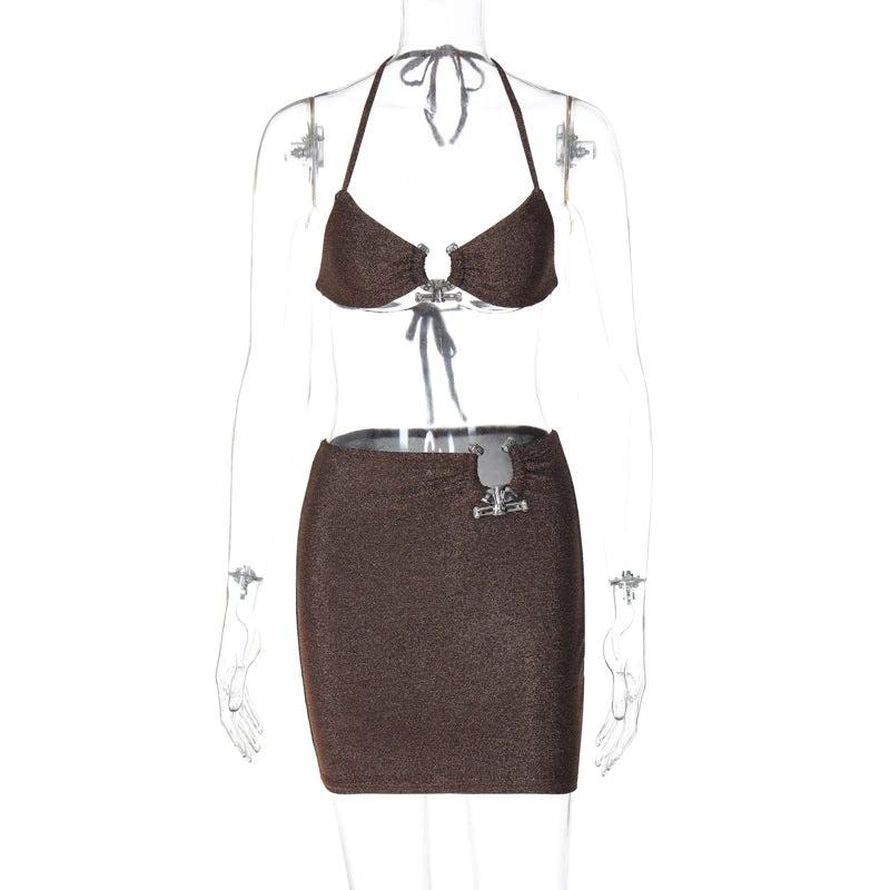Summer New Night Club Style Sexy Lace-up Chest-wrapped Hip Skirt Two-piece Suit by GJG Denim
