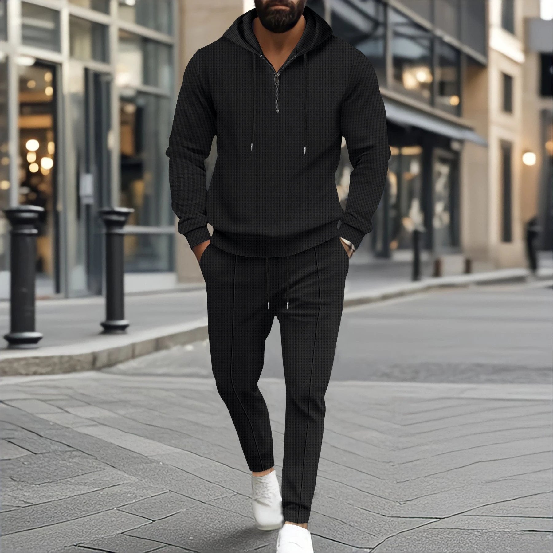Waffle Hooded Small Zipper Casual Long Sleeve Pants Two-piece Suit by GJG Denim