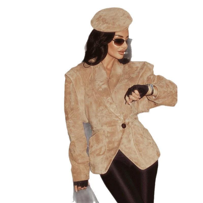 Solid Color Suede Lapel And Waist Tight Slim-fitting Patchwork Jacket by GJG Denim