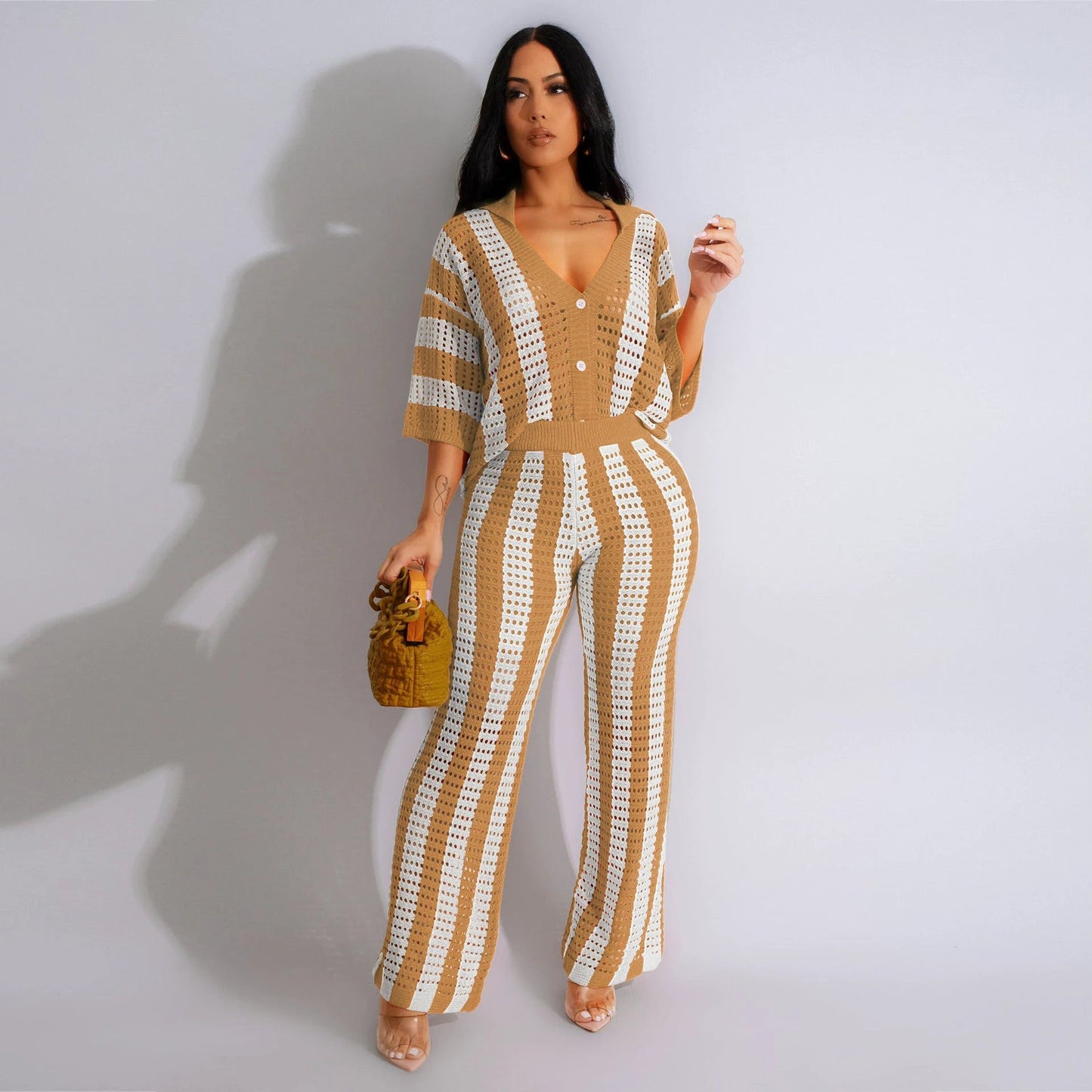 V-neck Striped Knitted Blouse And Pants by GJG Denim