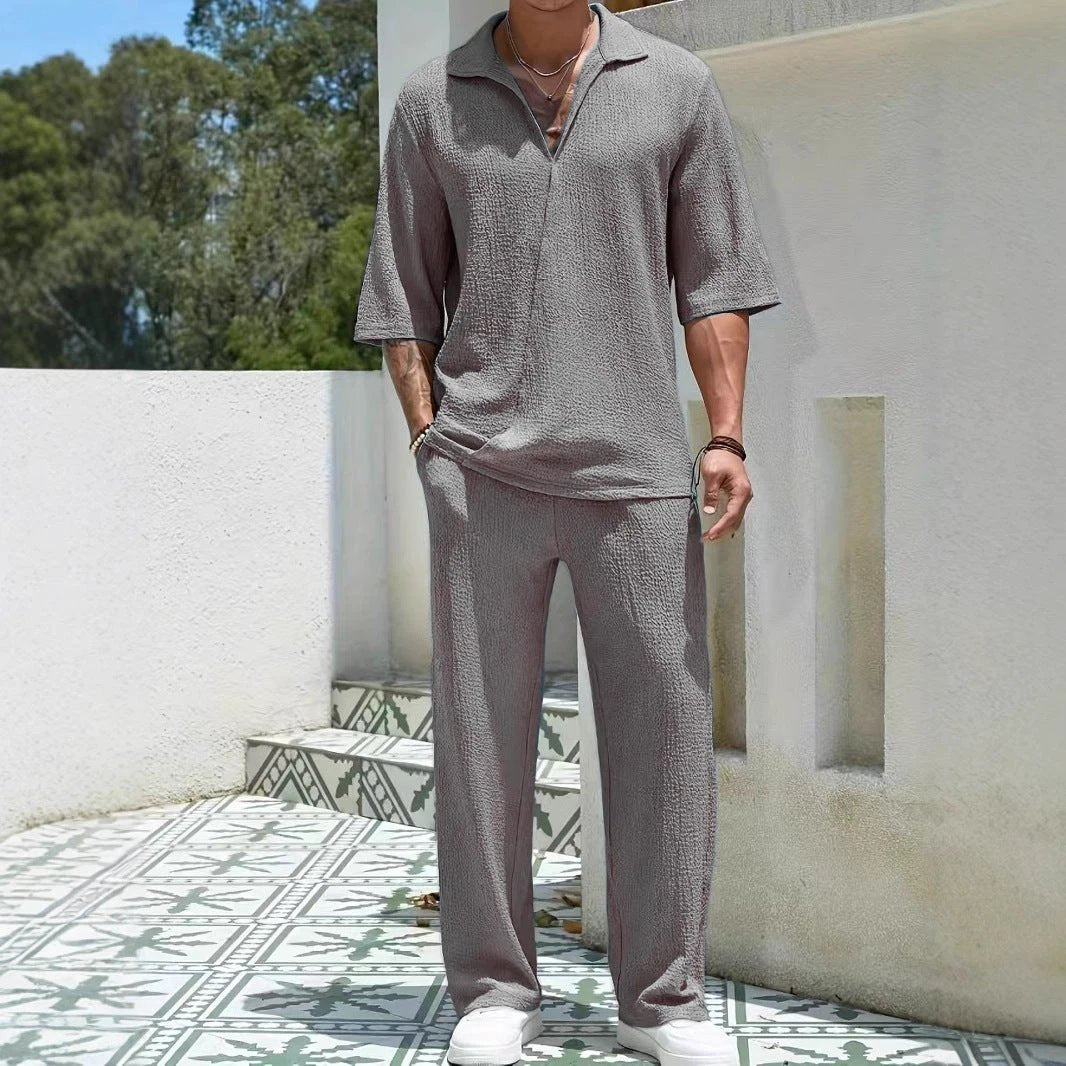 Commuter Men's Casual Shirt Solid Color Half Sleeve Trousers Two-piece Suit by GJG Denim
