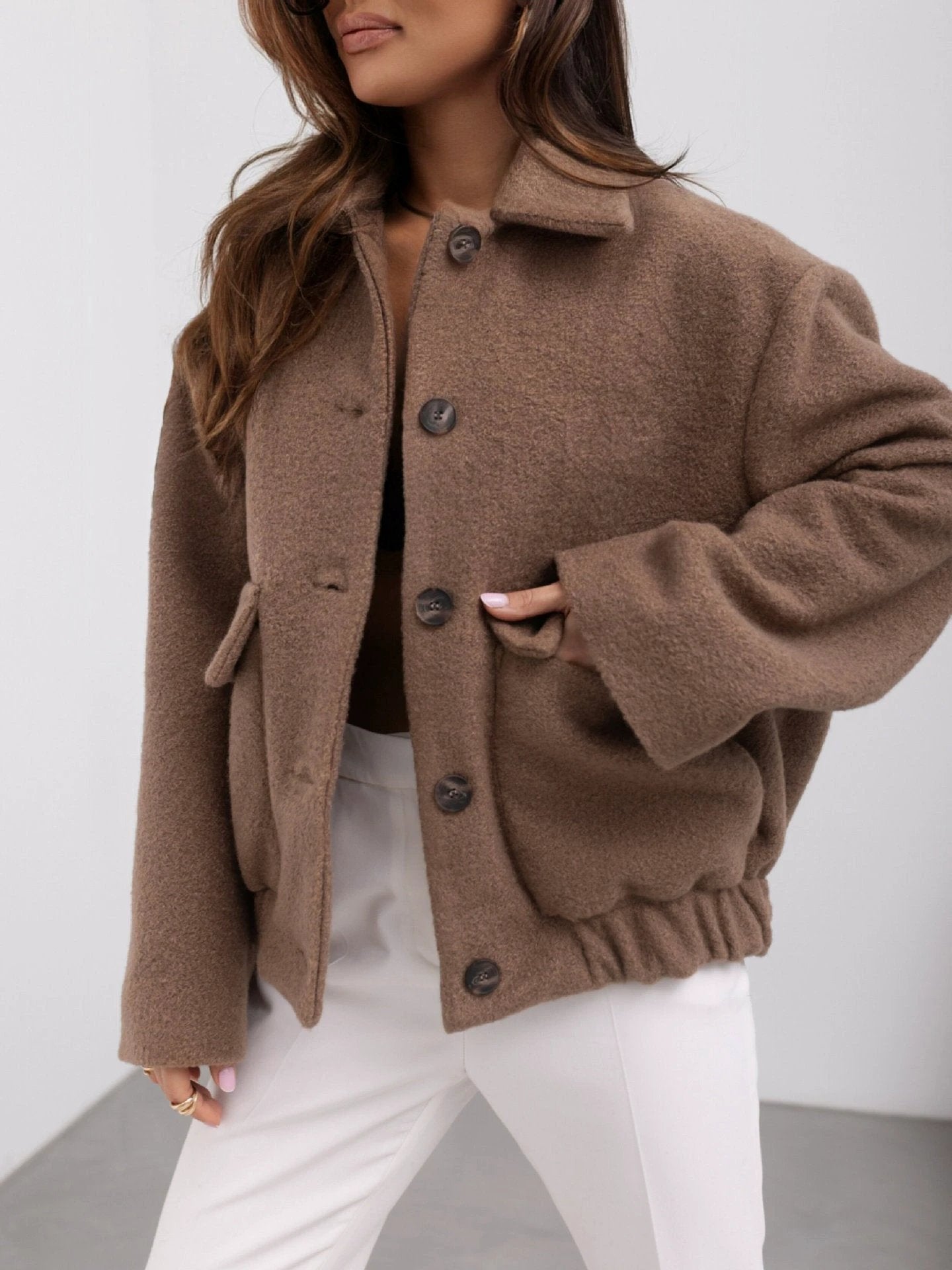 Women's Solid Color Casual Button Woolen Jacket by GJG Denim