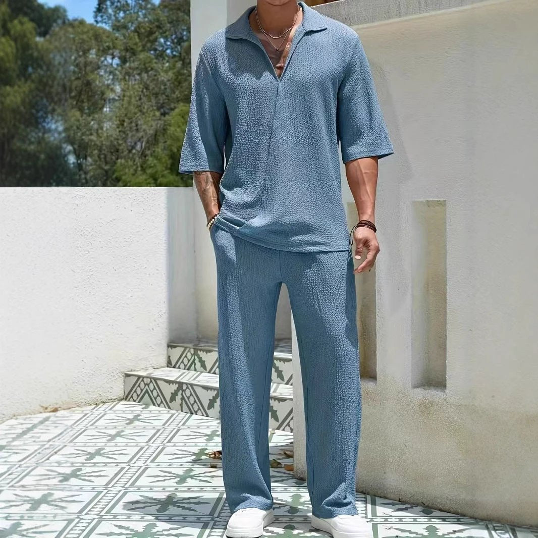 Commuter Men's Casual Shirt Solid Color Half Sleeve Trousers Two-piece Suit by GJG Denim