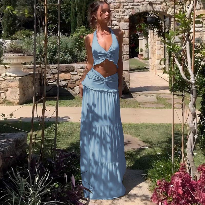 Women's V-neck Ruffled Halter Spaghetti Straps Detail Twisted Dress Suit by GJG Denim