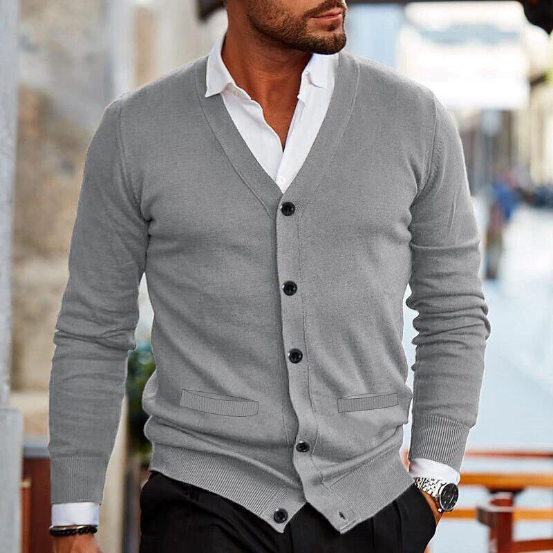Men's Double-sided Pocket Knitwear V-neck Long Sleeve Slim Cardigan Sweater by GJG Denim
