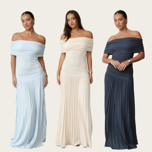 Off-shoulder Pleated New Versatile Dress by GJG Denim