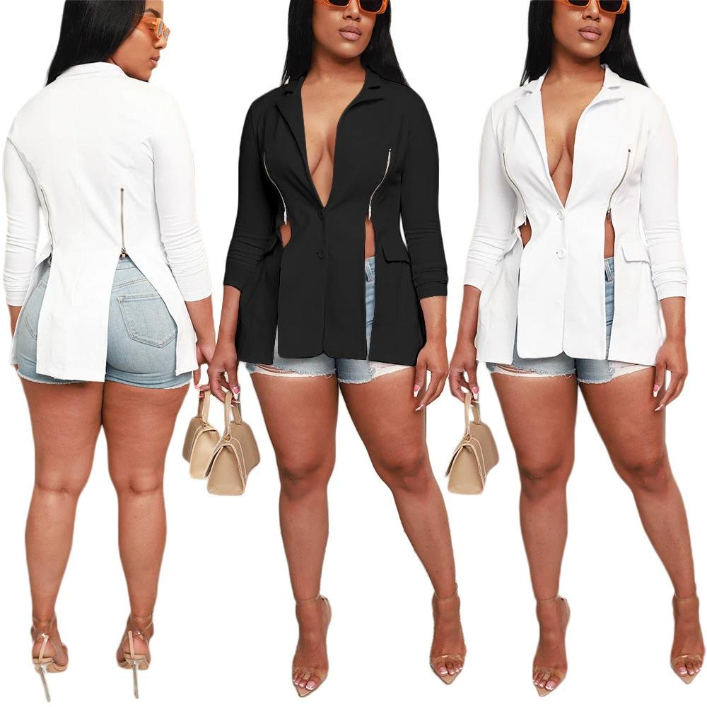 Fashionable With Side-slit Long-sleeve Zipper Lapel Suit by GJG Denim
