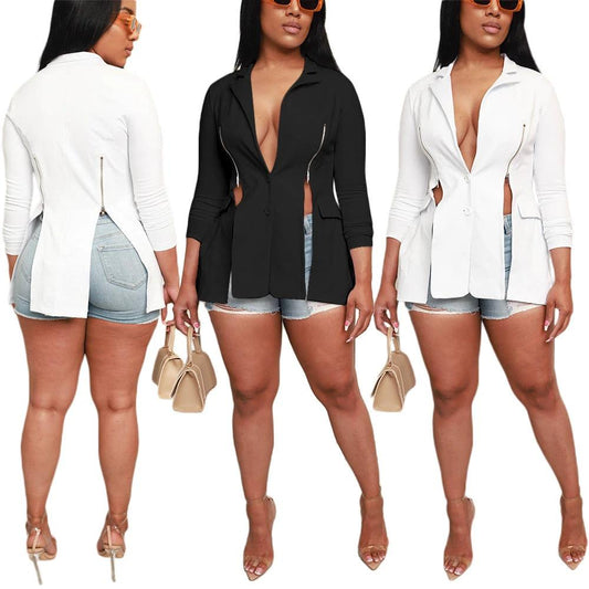 Fashionable With Side-slit Long-sleeve Zipper Lapel Suit by GJG Denim