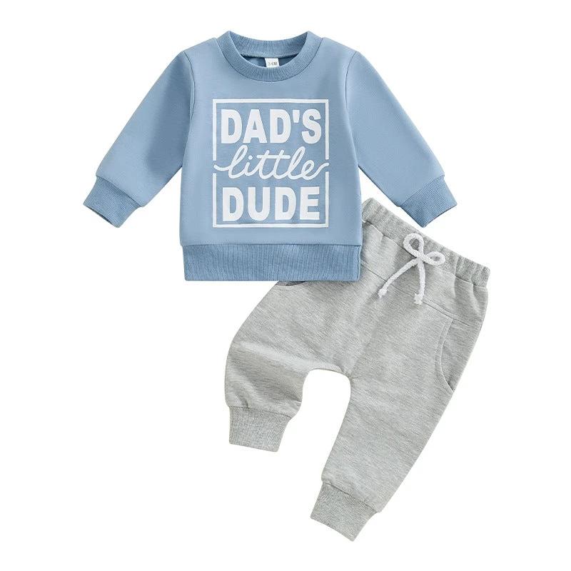 Boys' Letter Printed Long-sleeved Pullover Sweater Solid Color Trousers Two-piece Set by GJG Denim