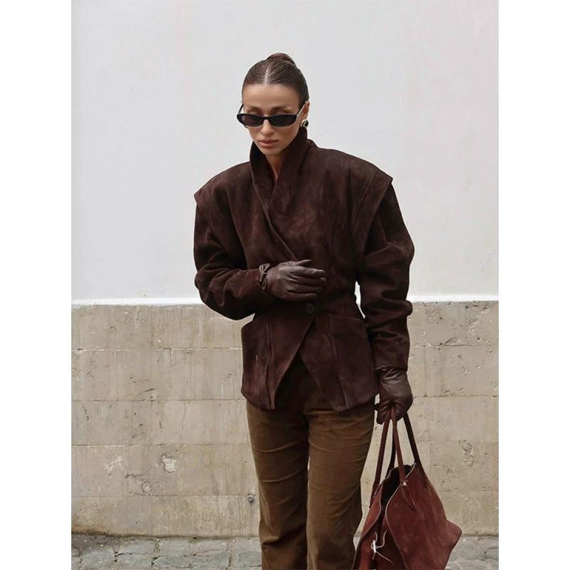 Solid Color Suede Lapel And Waist Tight Slim-fitting Patchwork Jacket by GJG Denim