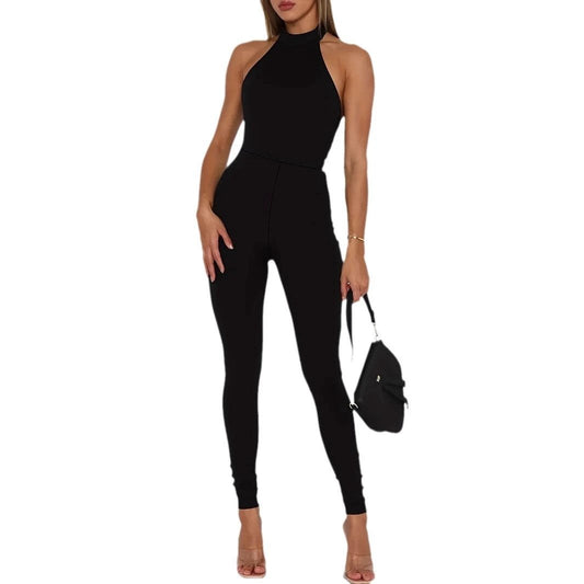 Women's Pure Color Halter Backless Sexy Slim-fit Jumpsuit Trousers by GJG Denim
