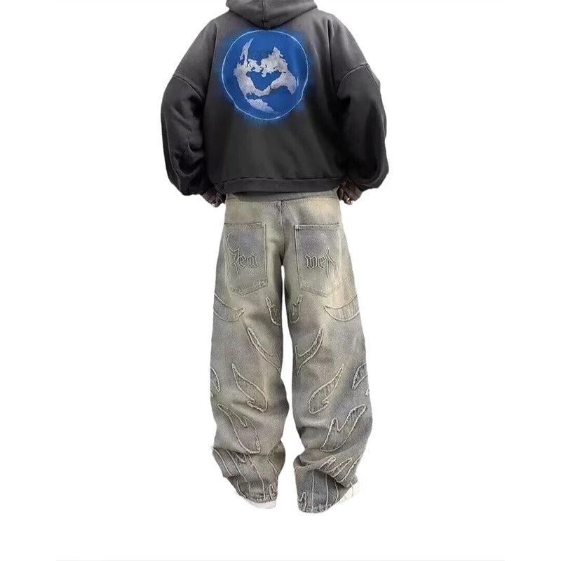 Retro Bat Pattern Lazy Embroidered Loose Jeans by GJG Denim